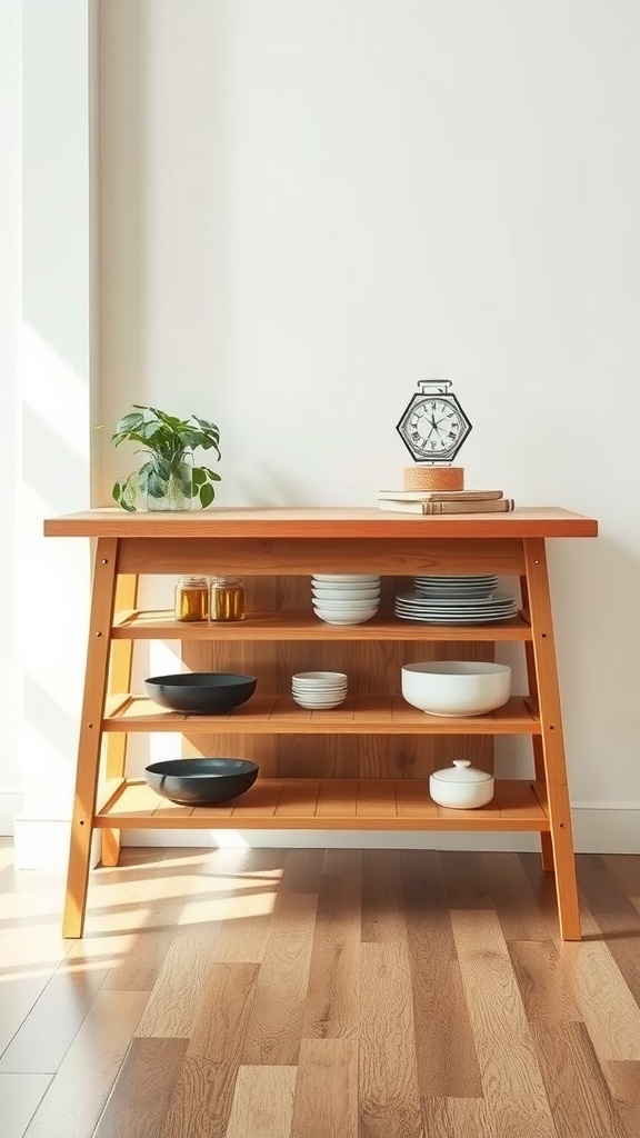 A ladder-style table showcasing plates and bowls on its shelves, paired with a small plant and clock.