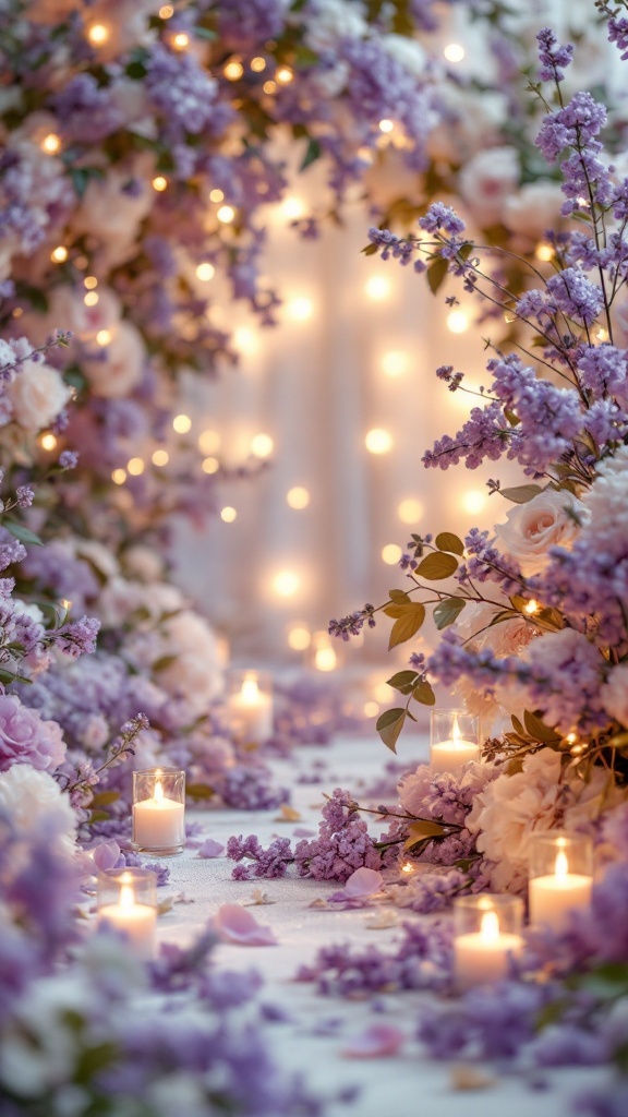 Lavender and cream floral arrangement with candles and soft lighting