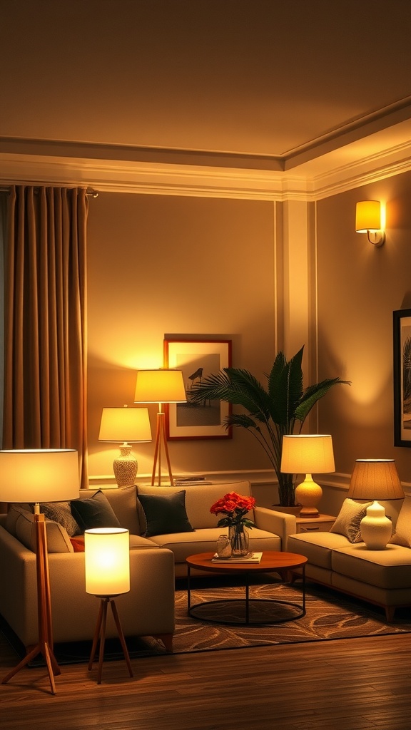 A stylish living room with layered lighting, featuring various lamps and warm tones.