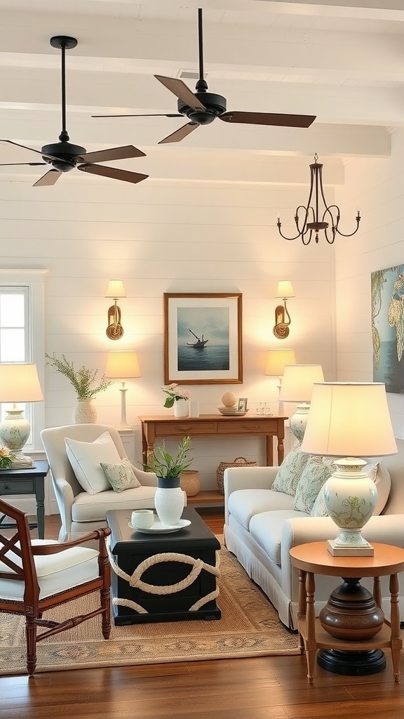 Coastal cottage living room with layered lighting solutions including ceiling fans, wall sconces, and table lamps.