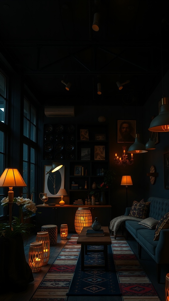 A dark bohemian living room with various light sources including lamps and candles.