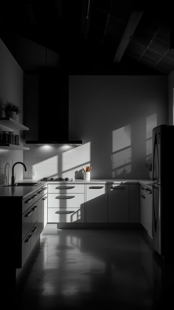 Black and white kitchen with layered lighting showcasing shadows and reflections.