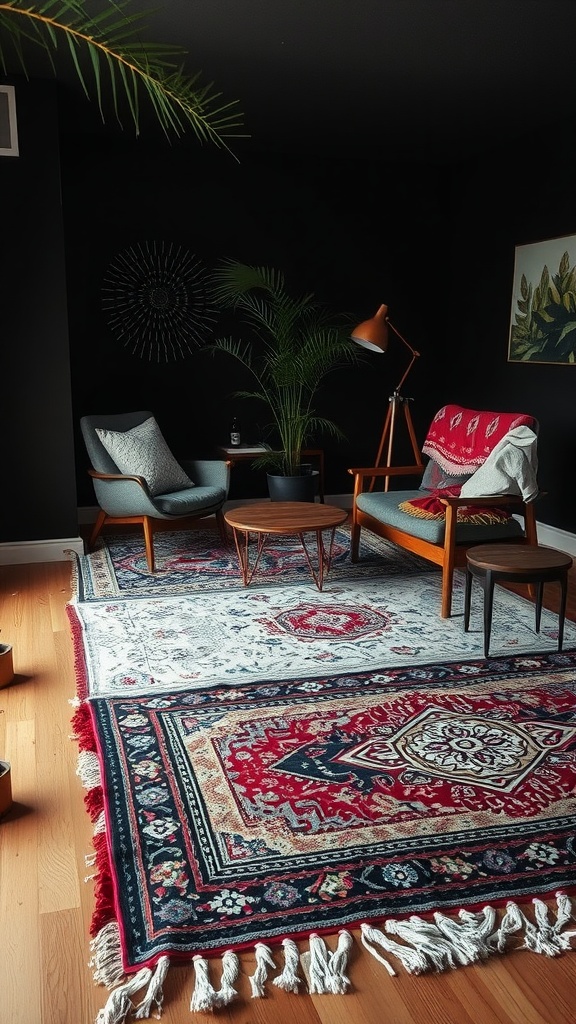 A beautifully layered rug in a dark boho living room with stylish furniture.