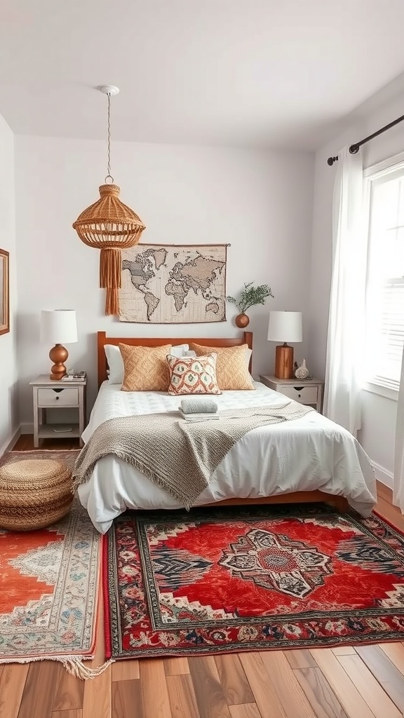 A cozy bedroom featuring layered rugs in warm colors.