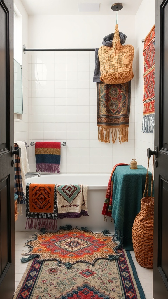A cozy boho bathroom setup featuring layered textiles and colorful patterns.