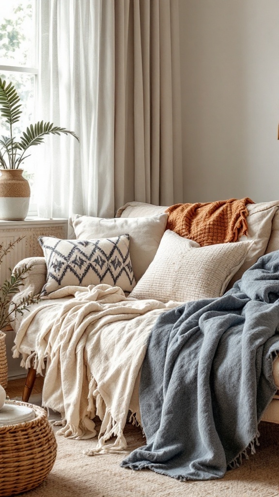 Cozy living room with layered textiles including throws and pillows.