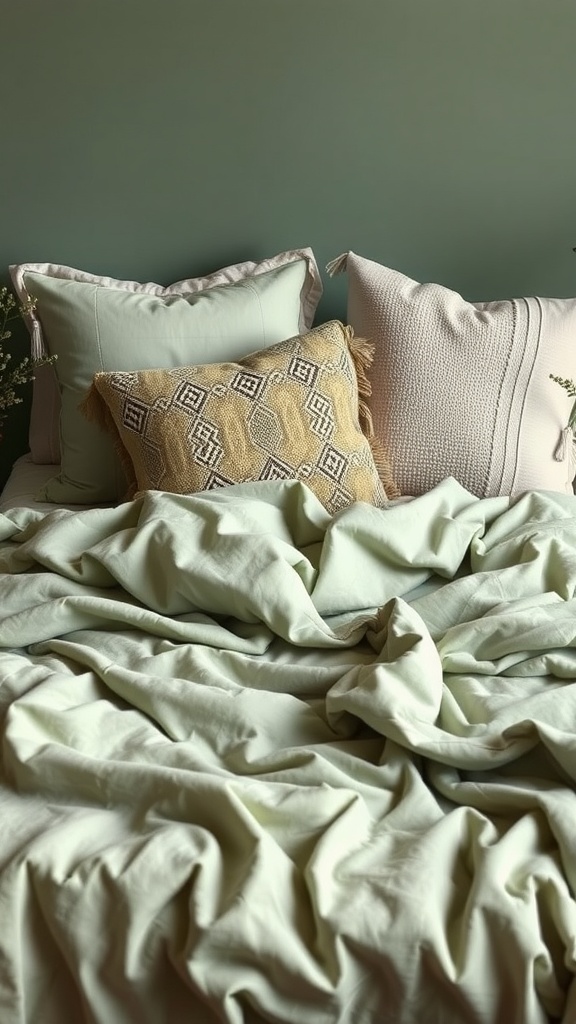 A cozy bed with layered sage green linens and decorative pillows.