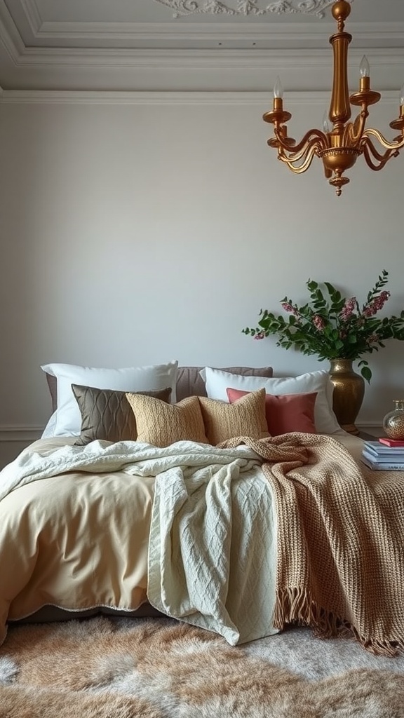 A beautifully decorated bedroom with layered textures including various pillows and blankets.