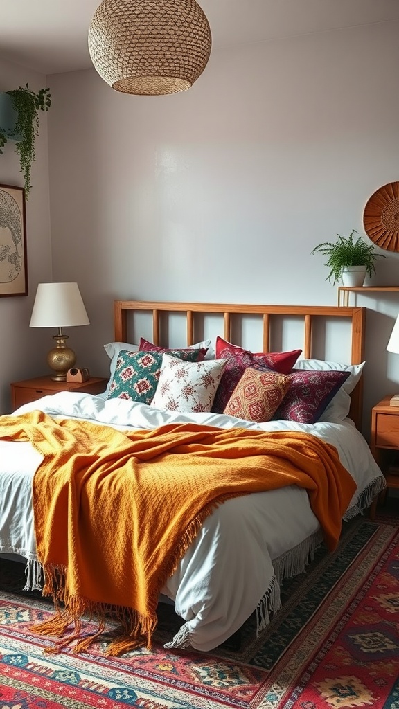 A boho bedroom featuring layered textures with decorative throws on the bed.