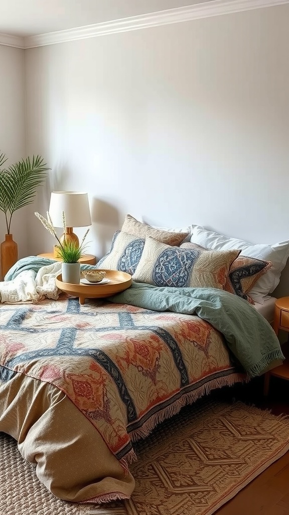 A beautifully layered bed with various textiles and patterns in a cozy bedroom setting.