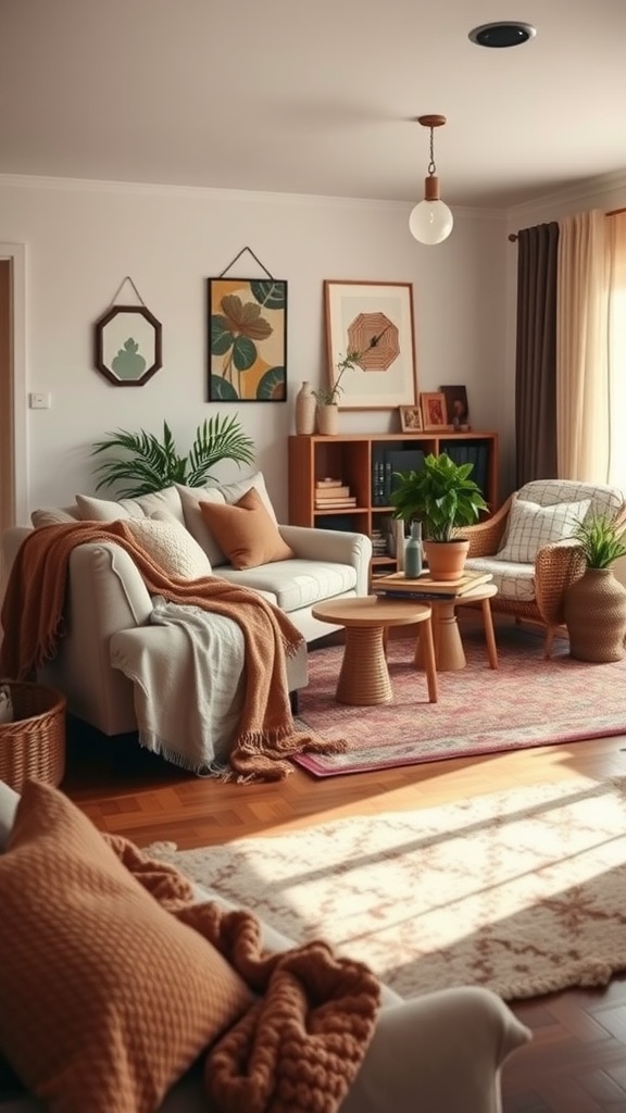 A cozy living room with layered textiles including throws and cushions.