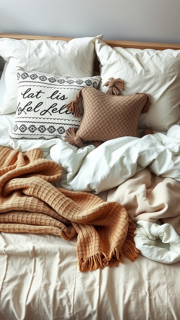 A cozy bed adorned with layered blankets and decorative pillows.