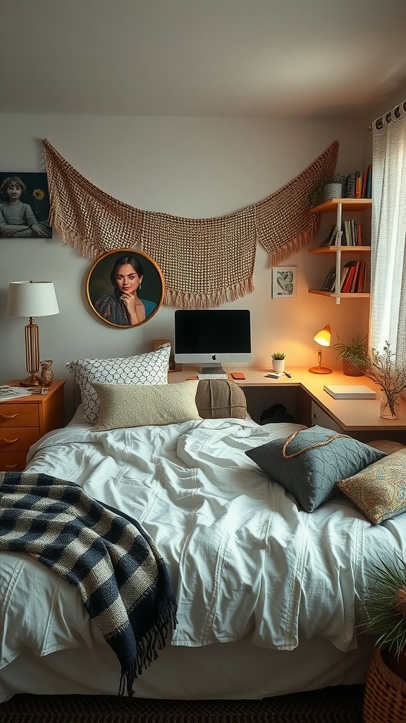 Cozy guest bedroom with layered textiles, including a bed with blankets and pillows, and a work desk.
