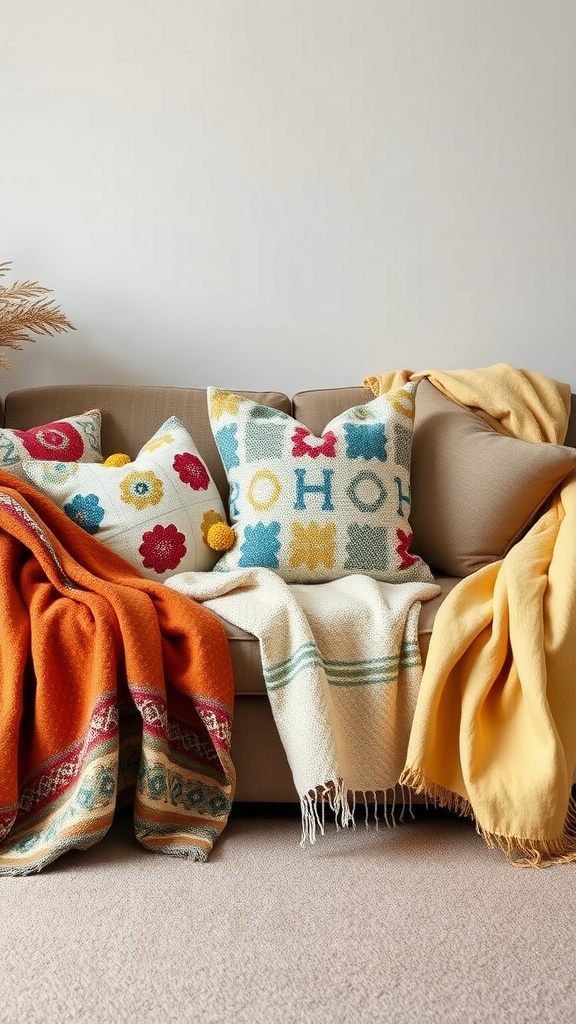 A cozy living room sofa adorned with colorful throws and decorative pillows.