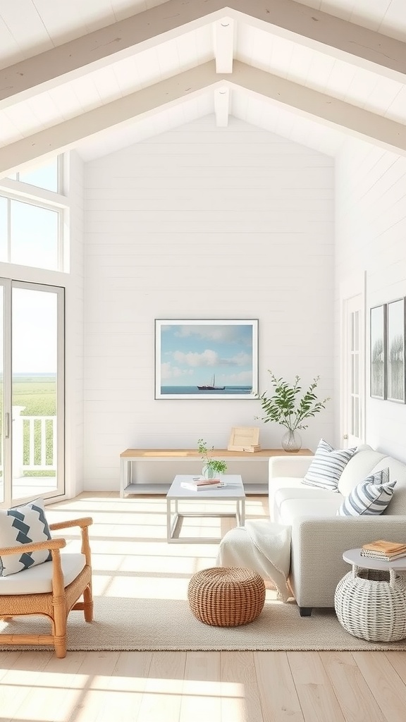 Coastal cottage living room with light and airy color palette.
