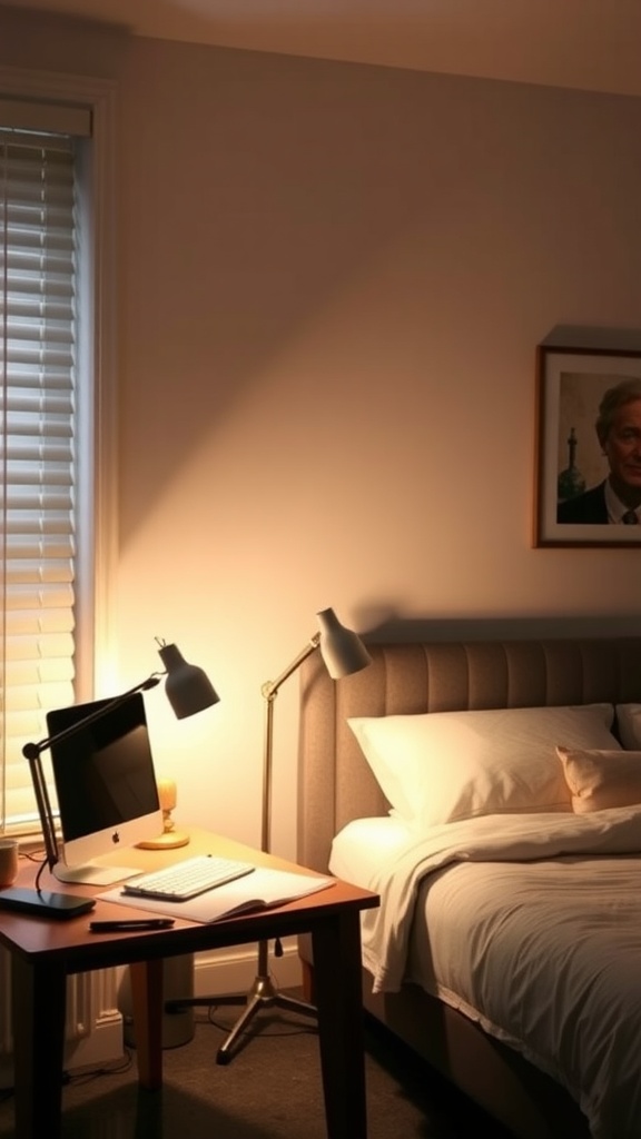 A well-lit room showing a bed with soft lighting and a desk with task lighting.