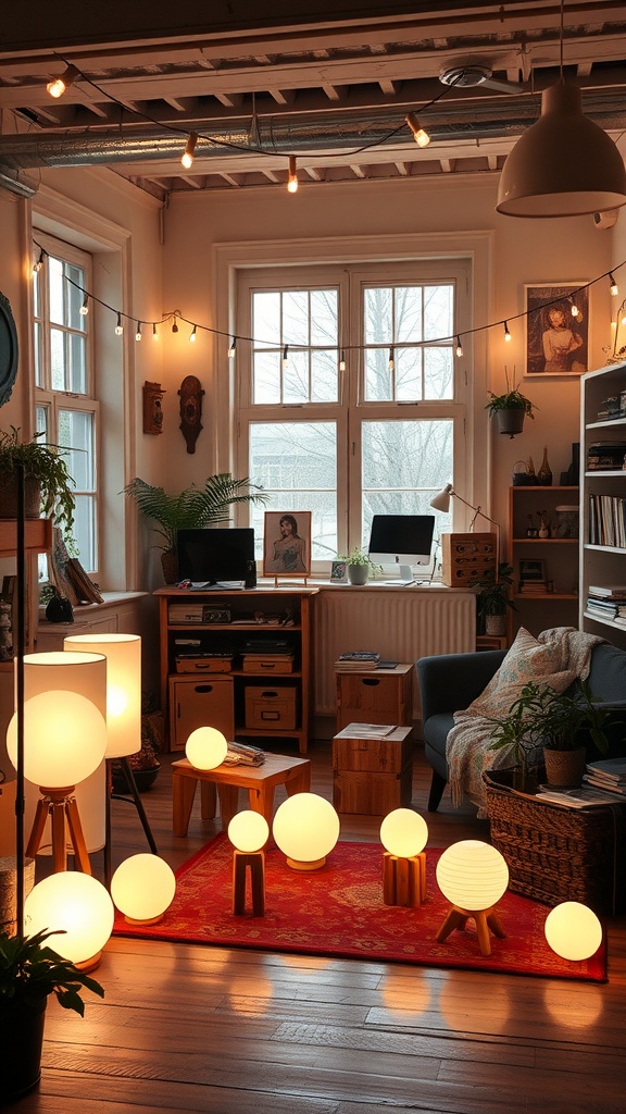 A cozy studio apartment living room with various warm light sources.
