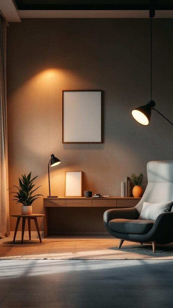 A cozy guest bedroom/office setup featuring a desk, a comfortable chair, and warm lighting.