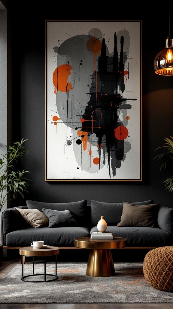 A modern living room featuring black and rust tones, with abstract art and stylish lighting.