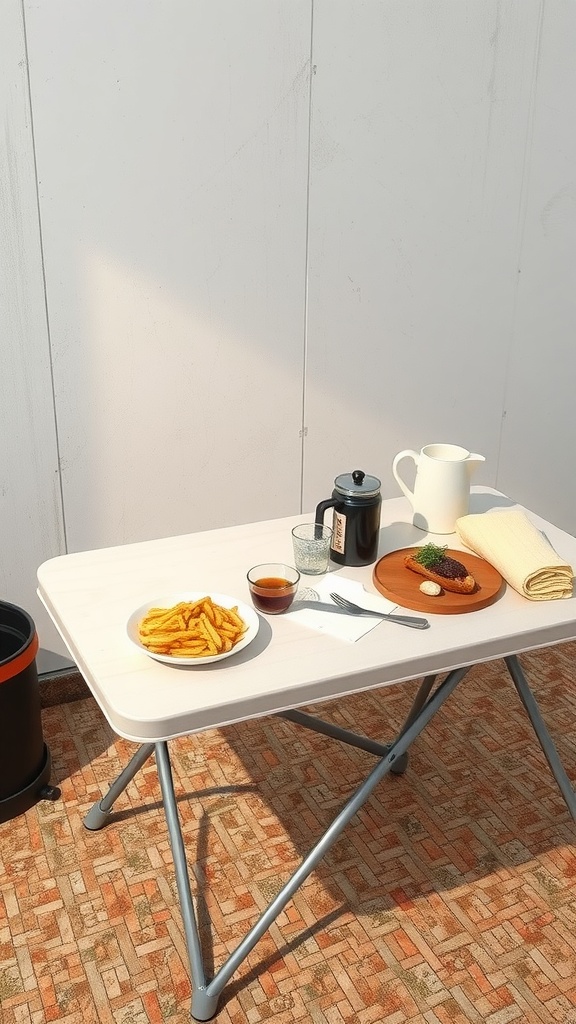 A lightweight portable table set with food and drinks.