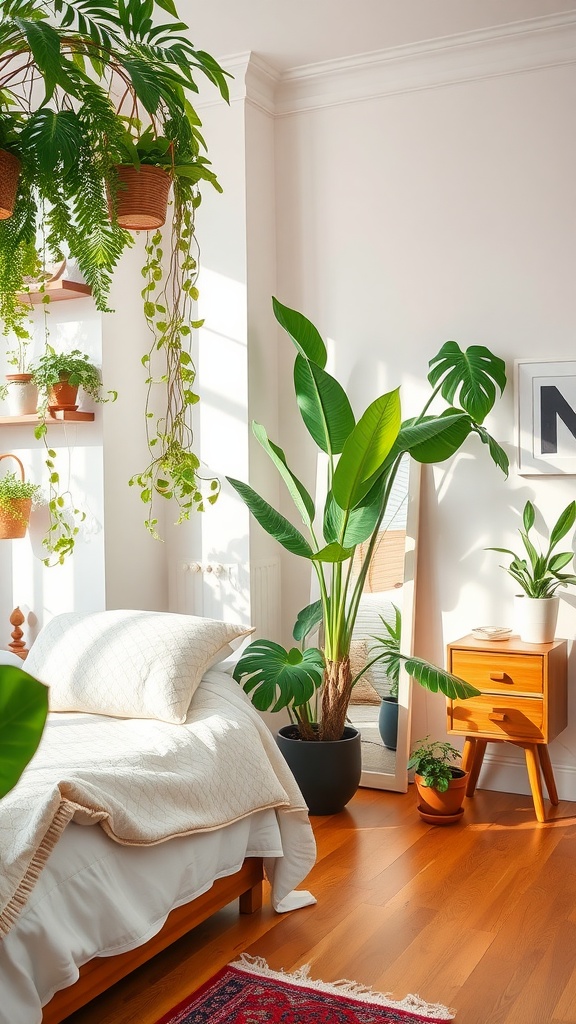 A bright bedroom with various indoor plants, showcasing a lively atmosphere.