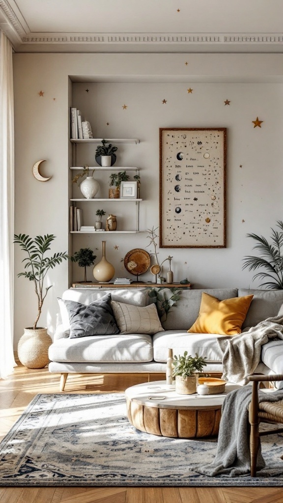 Cozy living room featuring lunar and celestial motifs with stars and moon decor.