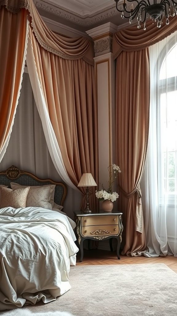 A luxurious bedroom featuring elegant drapery and curtains in soft colors, with a vintage nightstand and decorative elements.