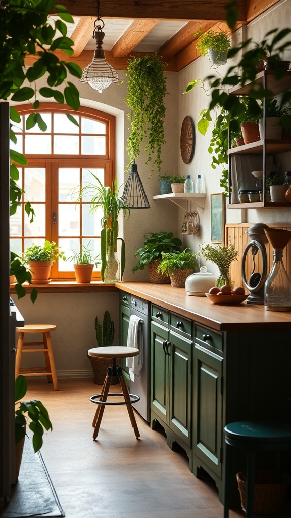 Cozy cottage kitchen filled with lush green plants.