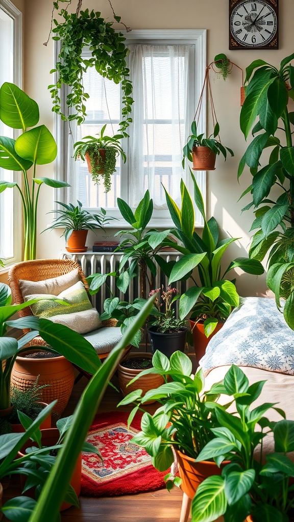 A cozy bedroom filled with various potted plants, creating a lush green atmosphere.