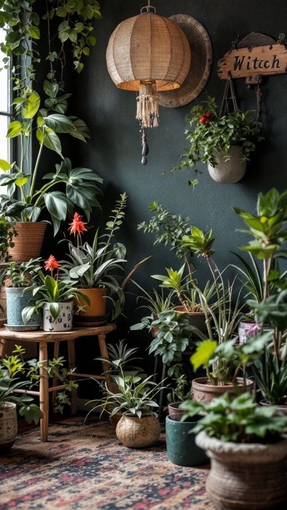 A cozy corner filled with various indoor plants, a woven lamp, and a sign saying 'Witch'.