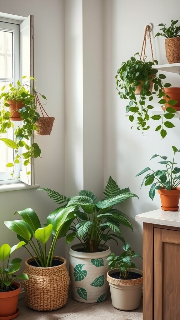 Cozy cottage kitchen with various indoor plants enhancing the freshness and decor