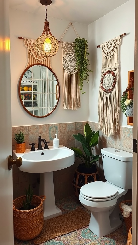 Boho bathroom featuring macramé wall hangings and plants.