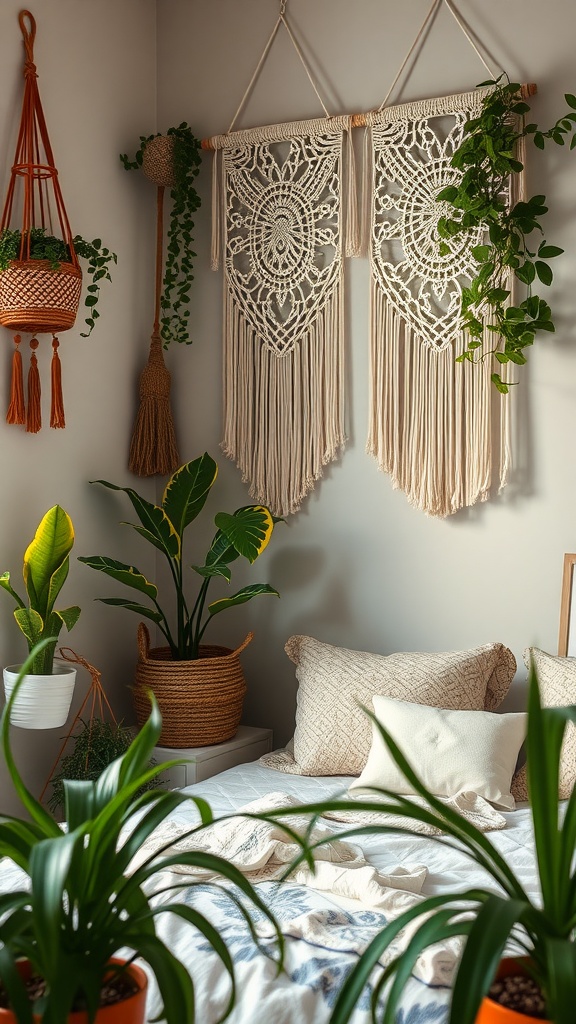 A cozy bedroom featuring macramé wall hangings with plants.