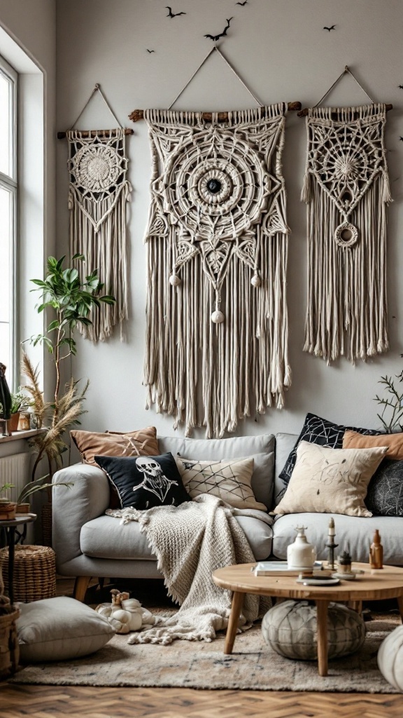 Macrame wall hangings in a cozy living room setting.