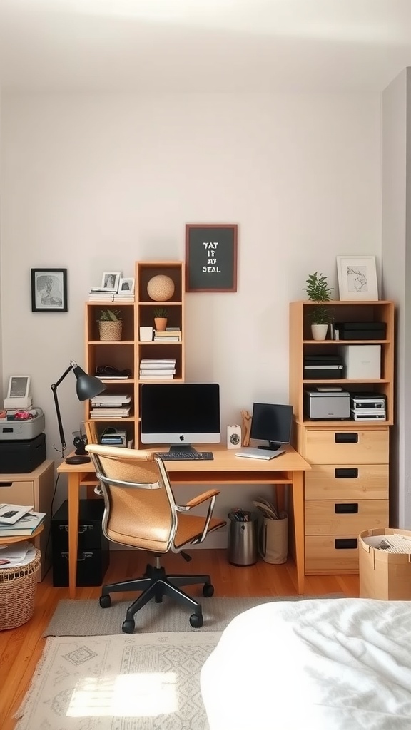 A clean and organized guest bedroom and office space with a desk, shelves, and cozy decor.
