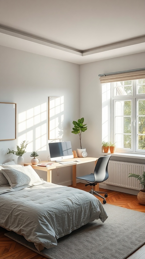 A cozy guest bedroom and office space with a bed and a desk near a window letting in natural light.