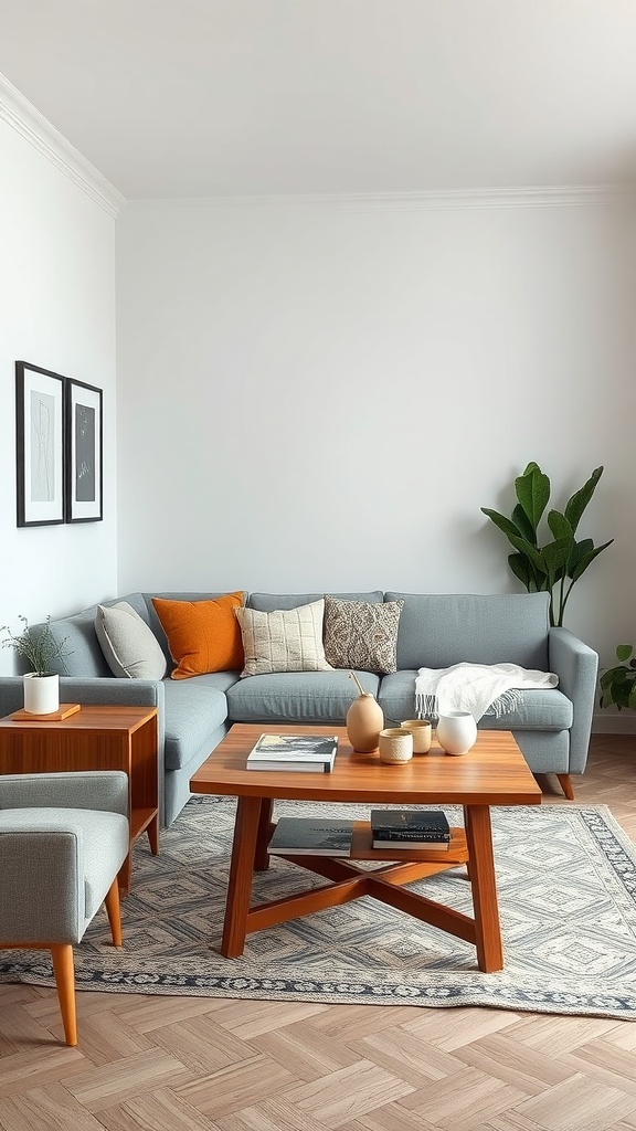Cozy living room with a grey sectional sofa, wooden coffee table, and plants, showcasing multi-functional furniture.