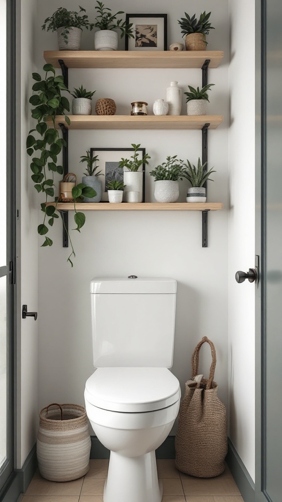 A small downstairs toilet with wooden shelves holding plants and decorative items.
