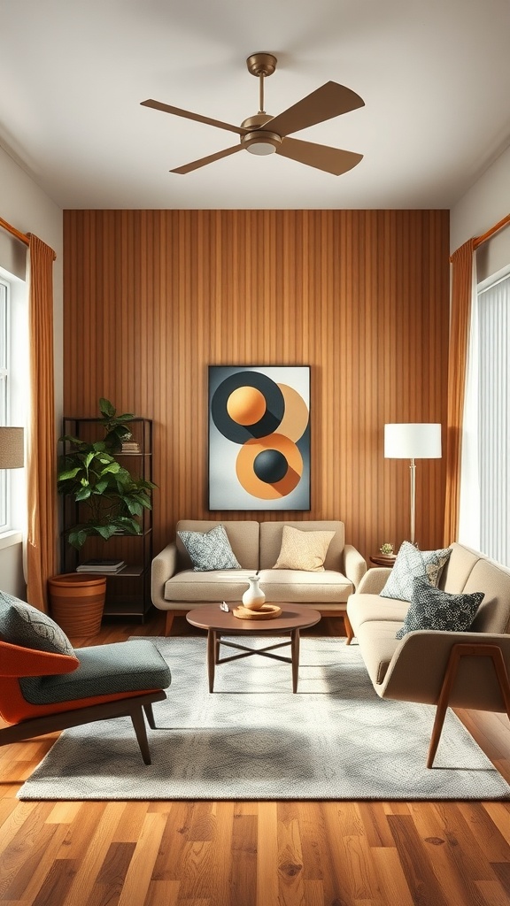 A mid-century modern living room featuring clean lines, warm wood tones, and stylish furniture.