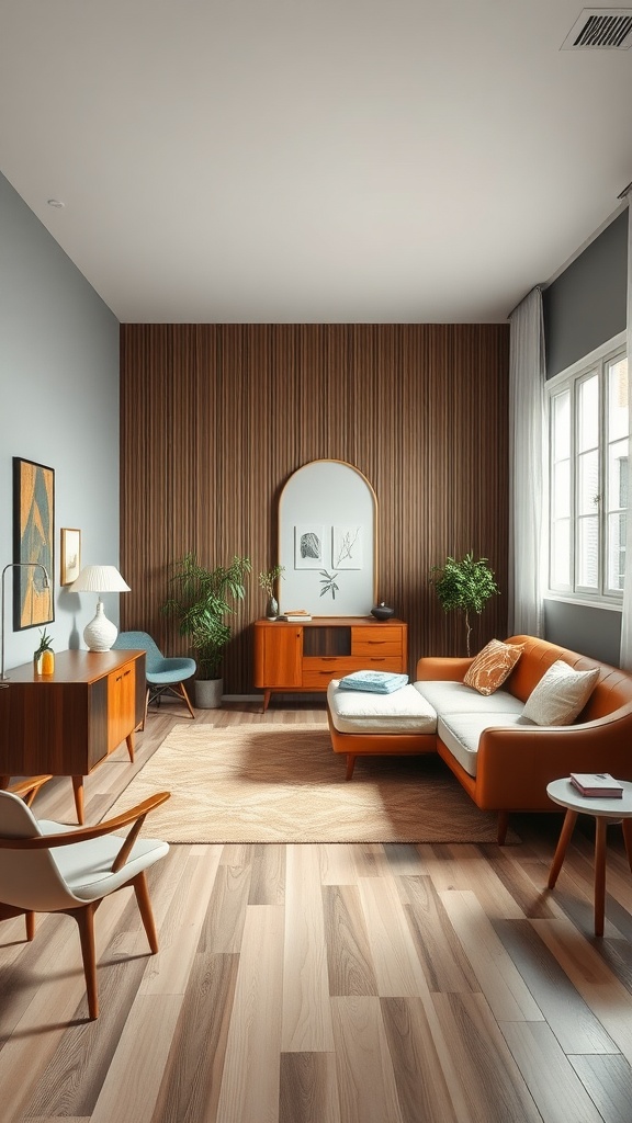 A cozy bedroom featuring mid-century modern furniture with warm wood tones and clean lines.