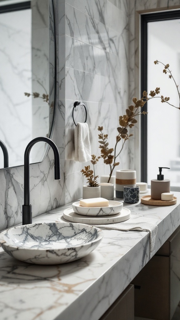 A modern bathroom featuring marble countertops and mineral-inspired accessories.