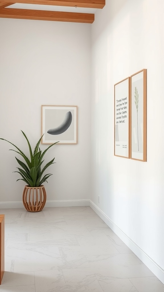 Minimalist entryway featuring artwork and a plant.
