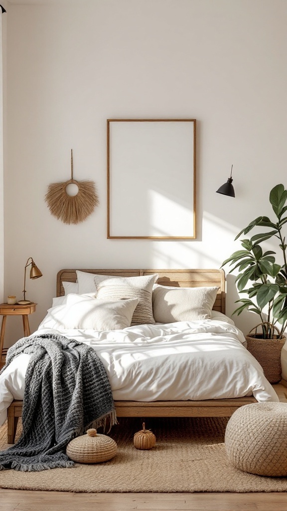 Cozy minimalist boho bedroom with neutral colors and natural elements.