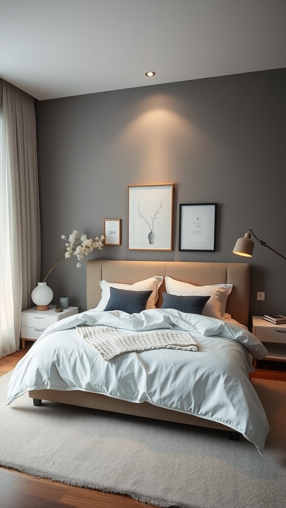 A minimalist bedroom featuring a neutral color scheme, simple decor, and a cozy atmosphere.