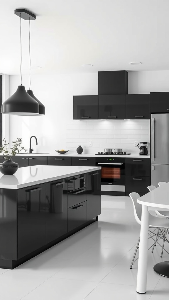 A stylish black and white kitchen featuring minimalist furniture and modern appliances.