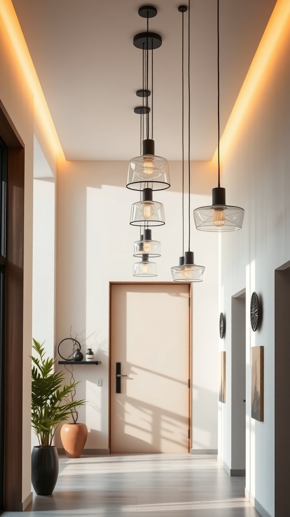 Minimalist entryway with hanging lighting fixtures and natural decor.
