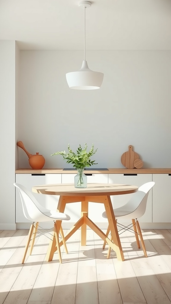 A minimalist Scandinavian kitchen table setting with a round wooden table and white chairs.