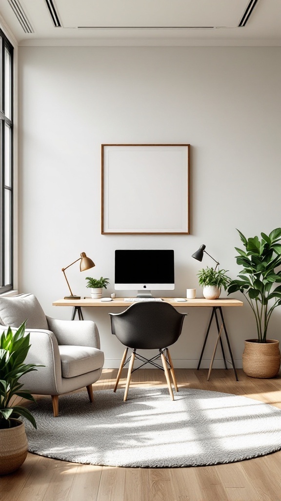 Cozy minimalist office layout with plants and a comfortable chair.