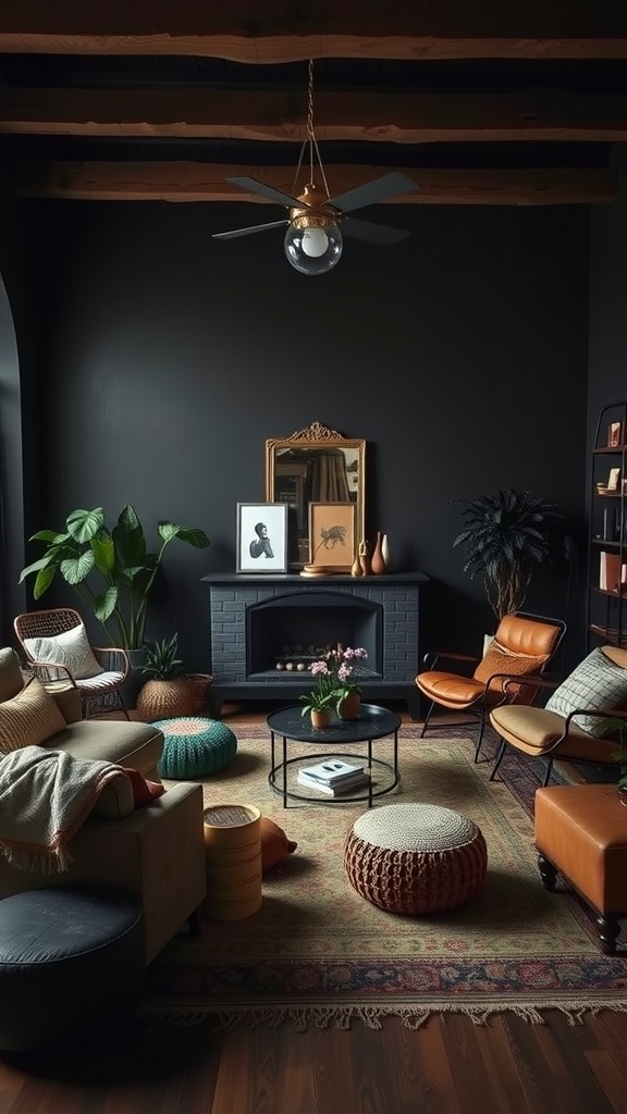 Stylish dark boho living room with mixed seating arrangements, featuring a sofa, various chairs, and floor poufs.