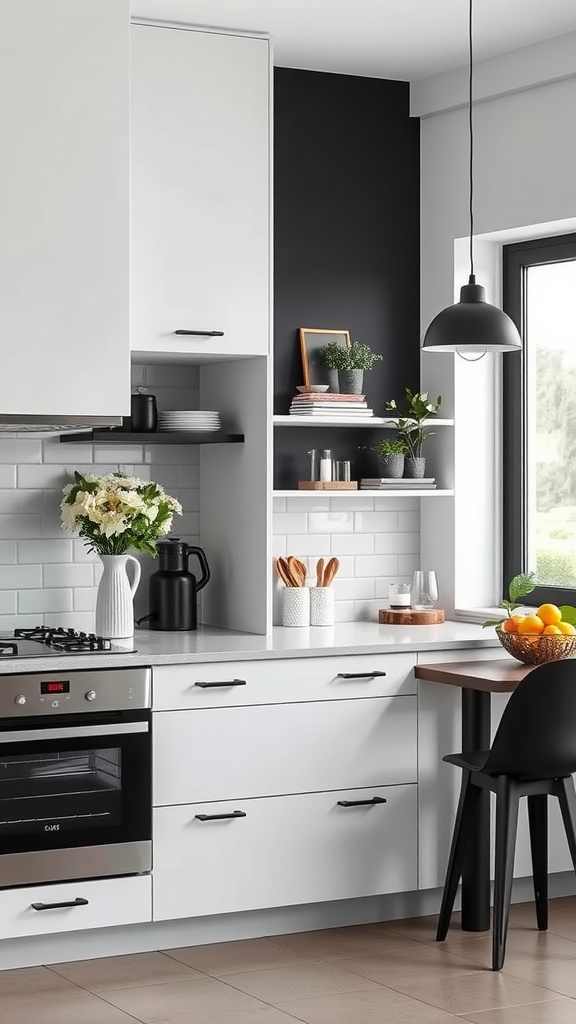 Stylish black and white kitchen with modern decor and plants.